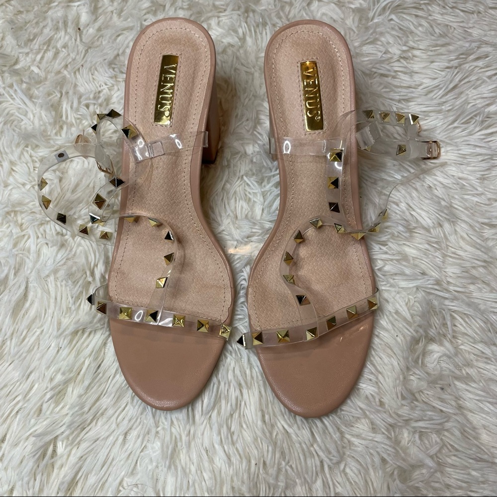 VENUS Clear and Nude Cream Heels Double Ankle Strap Beaded Studded | 10